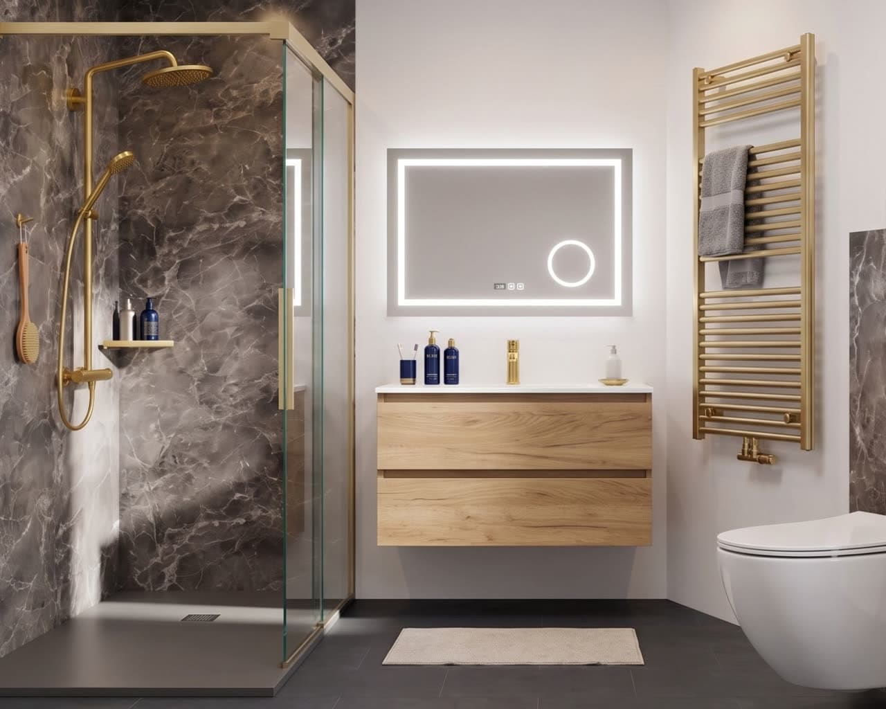 Badkamer met marmer crema — warm beige luxe