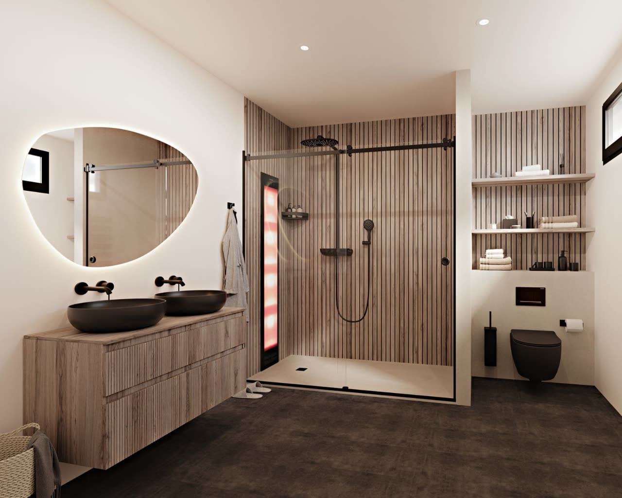 Badkamer met nature-eiken lamellen — warm hout
